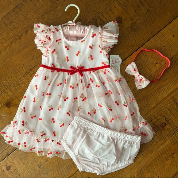 Little Lass Spring/Summer pink with cherry print Ruffled Tulle Dress 18 months - Picture 3 of 6